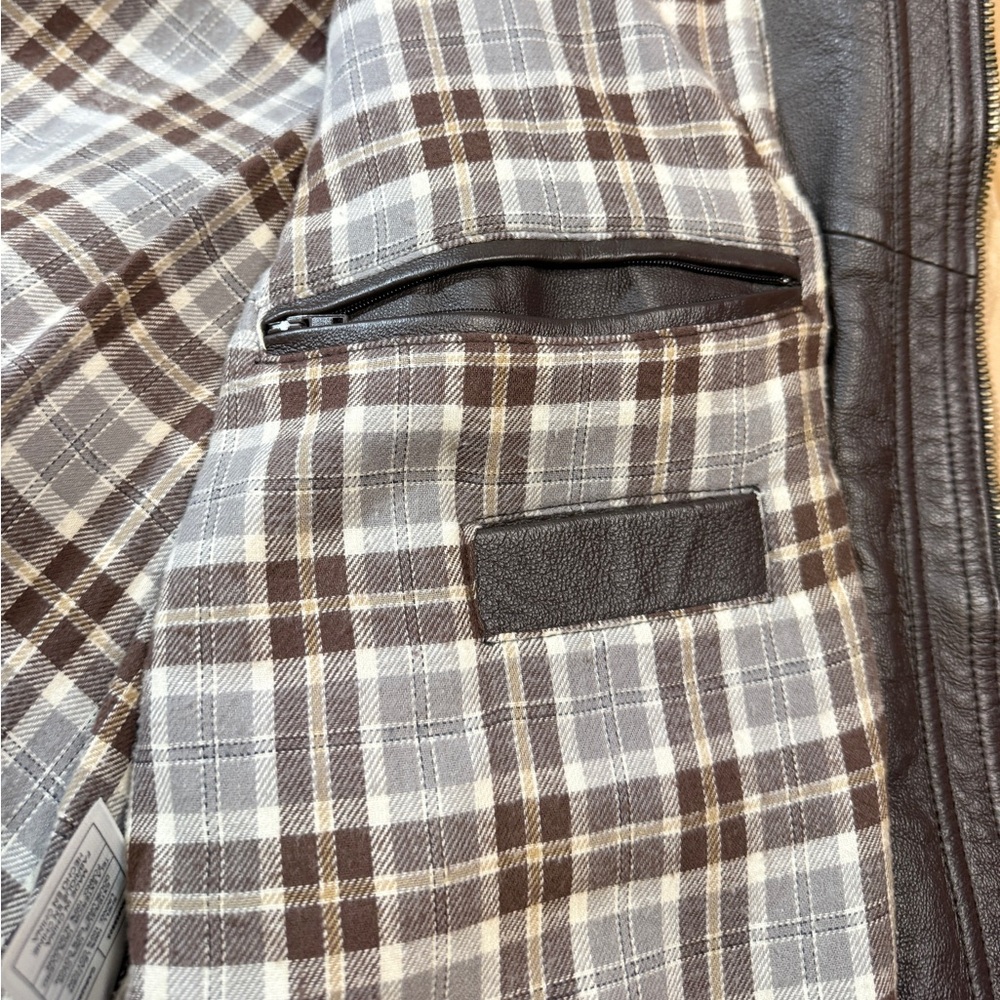 Harbor Bay Brown Genuine Leather Jacket Mens 2XLT Tall Plaid Lined Full Zip Coat - Picture 8 of 10